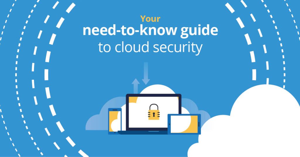 Cloud Security - graphic showing a laptop, tablet and phone with clouds and up and down arrows to represent cloud storage